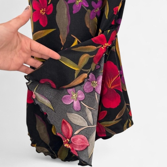 Vintage black 80s floral tropical ruffle skirt one piece swimsuit size 14 Large - Picture 5 of 8